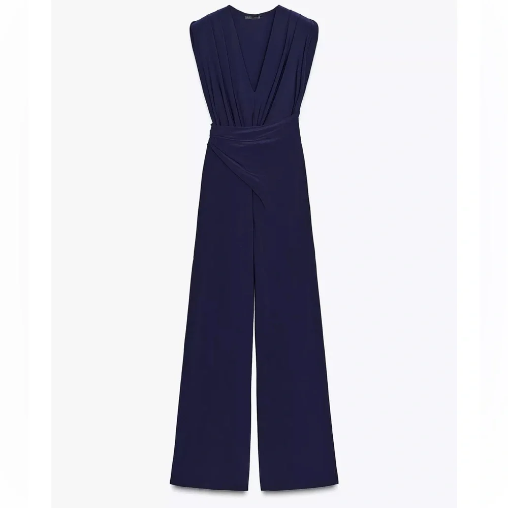Zara NWT navy blue draped ruched v neck shoulder padded stretchy jumpsuit